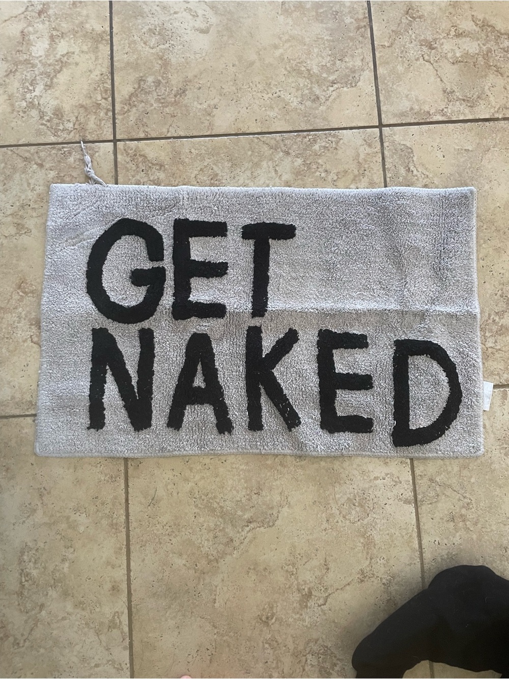 “GET NAKED” Gray Textured Bath Mat with Care Label